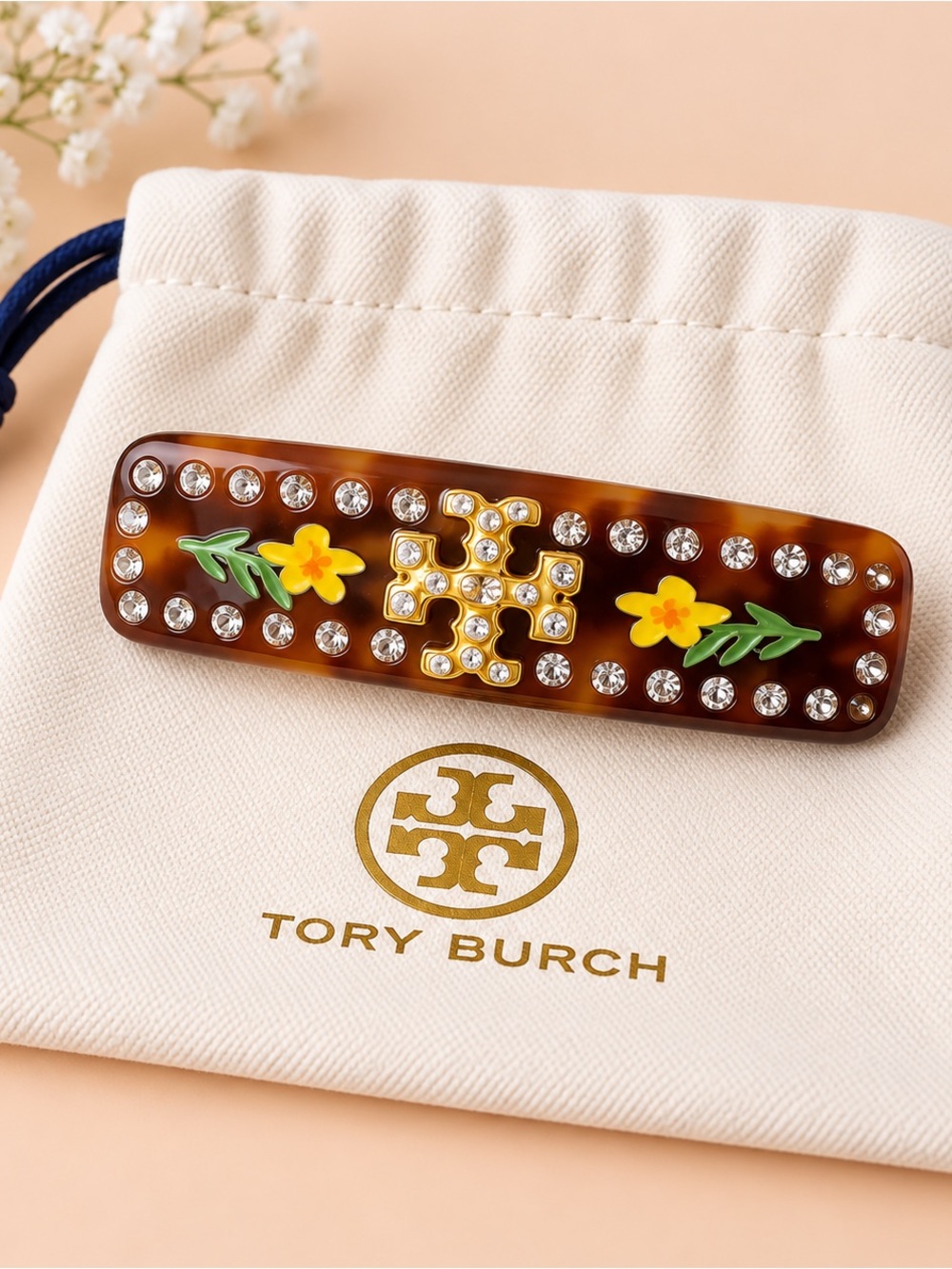 Tory Burch Brown Tortoiseshell Floral Crystal Hair Barrette